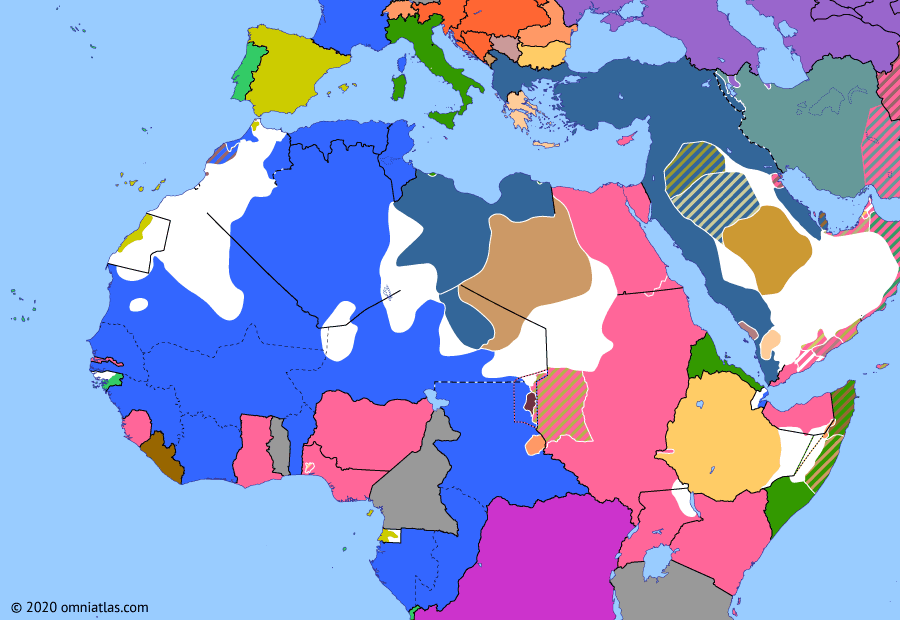 Political map of Northern Africa on 10 Oct 1911 (Scramble for Africa: Italo-Turkish War), showing the following events: Italo-Turkish War; Italian invasion of Tripolitania.