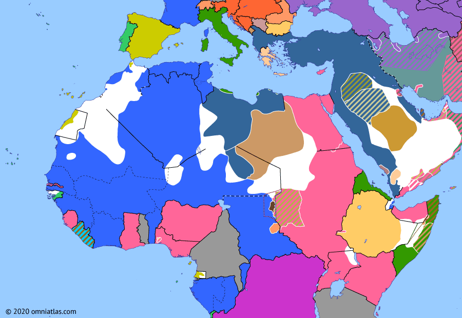 Political map of Northern Africa on 30 Mar 1912 (Scramble for Africa: Treaty of Fez), showing the following events: Neukamerun; Russian intervention in Persia; Liberian Loan Agreement; Treaty of Fez.