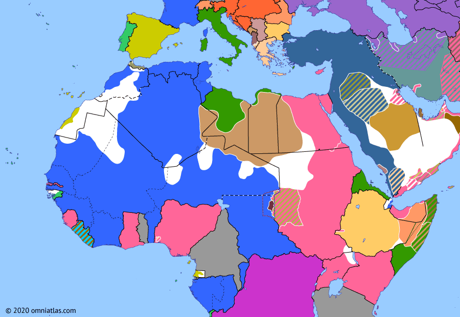 Political map of Northern Africa on 01 Jan 1914 (Scramble for Africa: Amalgamation of Nigeria), showing the following events: Second Balkan War; Anglo-Ottoman Convention; Ratification of Treaty of Daan; Amalgamation of Nigeria.