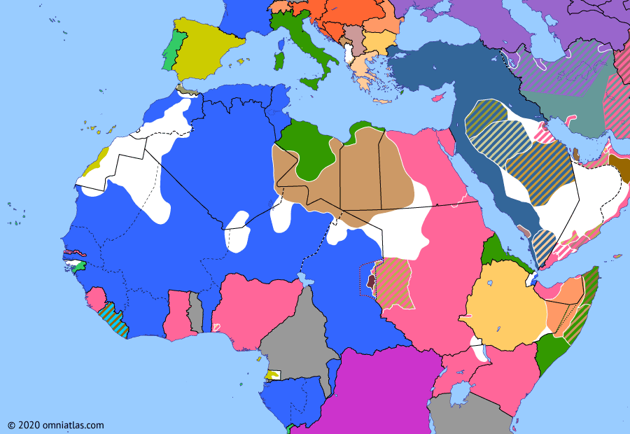 Political map of Northern Africa on 04 Aug 1914 (Scramble for Africa: Outbreak of the Great War), showing the following events: Violet Line; Ottoman-Saudi Treaty; Assassination of Franz Ferdinand; Outbreak of World War I; German declaration of war on Russia; French mobilization; German invasion of Belgium; British entry into World War I.