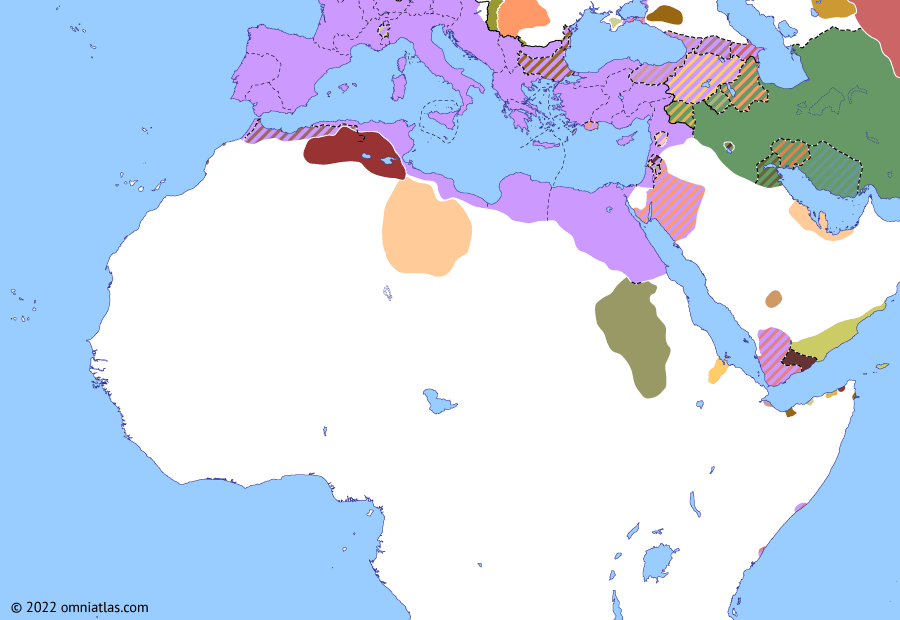 Political map of Northern Africa on 19 Feb 20 AD (Rome and Northern Africa: Tacfarinas War), showing the following events: Juba II’s Atlantic expedition; Gaetulian War; Tacfarinas War; Rhapta.