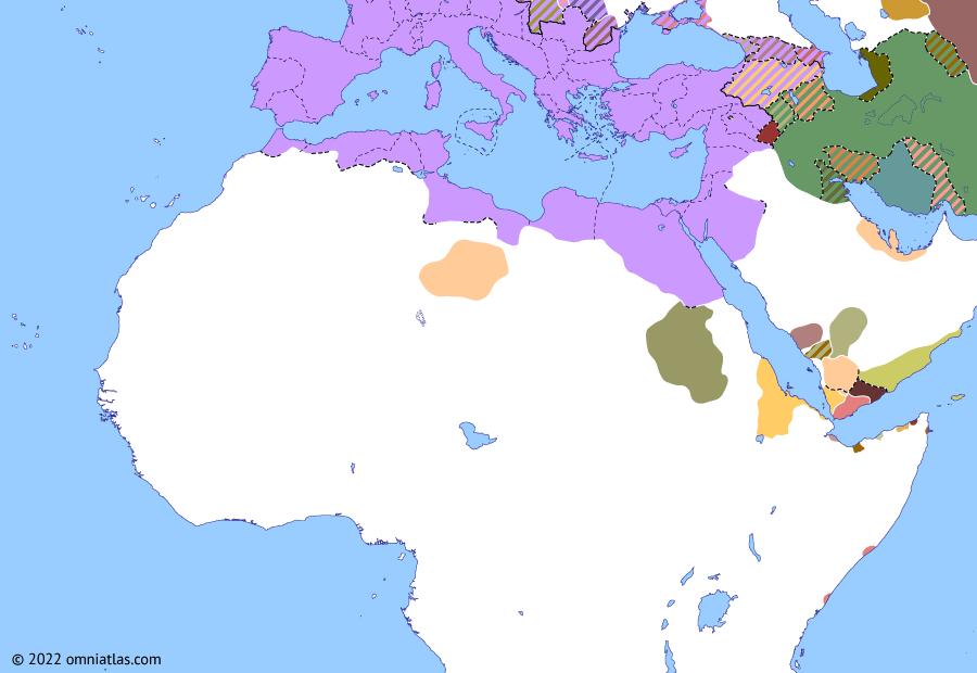 Political map of Northern Africa on 13 Jan 210 (Africa and the Roman Principate: Rise of Gadarat), showing the following events: Roman Numidia; Rise of the Sasanids; Aksum–Saba’ Alliance.
