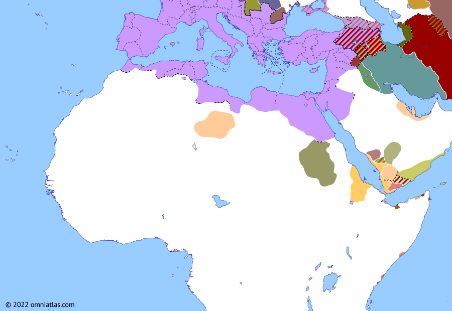 Political map of Northern Africa on 08 Jan 225 (Africa and the Roman Principate: Gadarat’s Zenith), showing the following events: Gadarat’s Zenith; Parthian Civil War of 213–224; Alexandrian Massacre; Battle of Hormozdgan.