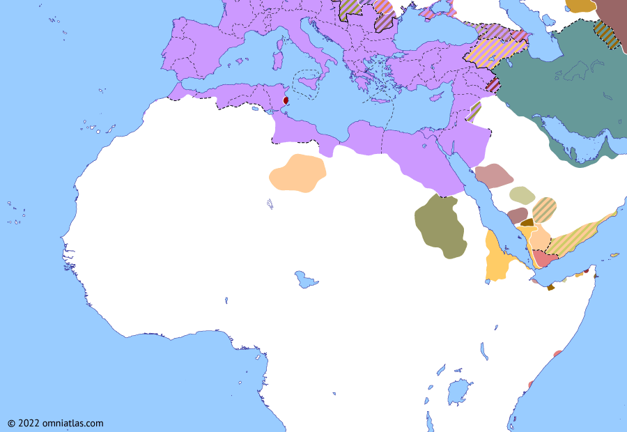 Political map of Northern Africa on 22 Mar 238 (Africa and Rome in Crisis: Year of Six Emperors), showing the following events: Sha’r Awtar’s Hadramawt War; Sasanian Empire; Sha’r Awtar’s Kinda expedition; Battle of Zafar; Mazun; Reign of Maximinus Thrax; Gordian I.
