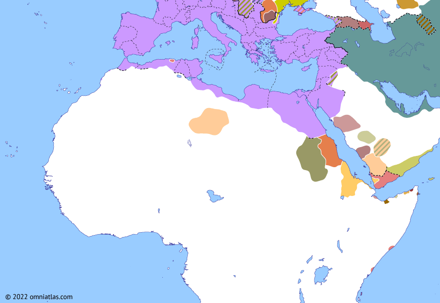Political map of Northern Africa on 10 Jan 253 (Africa and Rome in Crisis: Quinquegentiani), showing the following events: Battle of Misiche; Wars of Karibil Ayfa’; Plague of Cyprian; Kingdom of the Blemmyes; Battle of Abritus; Post-Decian currency crisis; Quinquegentiani.