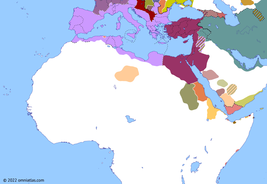 Political map of Northern Africa on 17 Sep 260 (Africa and Rome in Crisis: Thirty Tyrants), showing the following events: Hadramawt–Himyar War; Capture of Valerian; Regalianus; Revolt of Postumus; Revolt of the Macriani; Rise of Odaenathus; Macrianian Egypt.