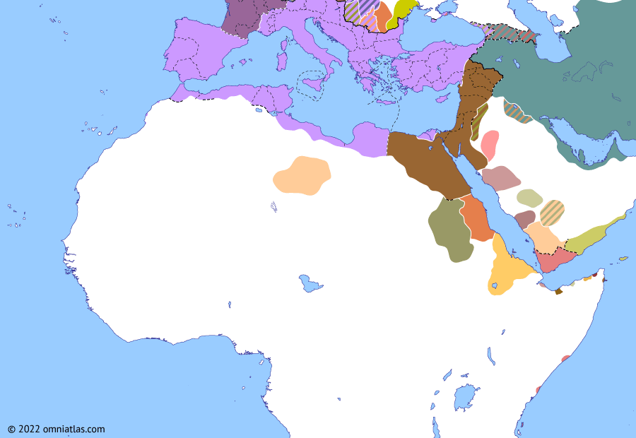 Political map of Northern Africa on 28 May 272 (Africa and Rome in Crisis: Aurelian vs Zenobia), showing the following events: Abandonment of Dacia; Palmyrene Empire; Siege of Tyana; Aurelian’s reconquest of Egypt; Battle of Immae.