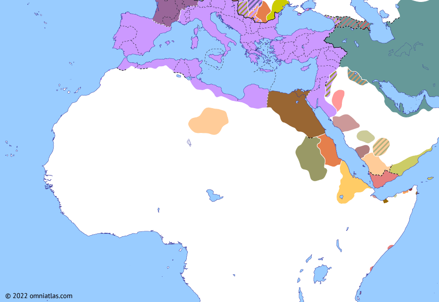 Political map of Northern Africa on 11 Jul 273 (Africa and Rome in Crisis: Revolt of Firmus), showing the following events: Battle of Emesa; First Siege of Palmyra; Septimius Antiochus; Firmus.