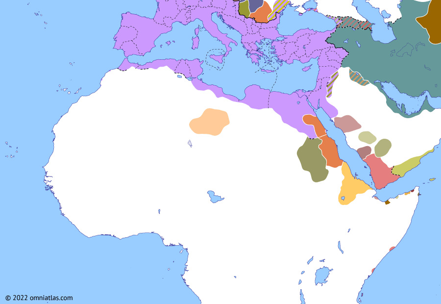 Political map of Northern Africa on 11 Jan 280 (Africa and Rome in Crisis: Probus’ Blemmyan War), showing the following events: Probus–Florian War; Kushano-Sasanian Empire; Julius Saturninus; Probus’ Blemmyan War.