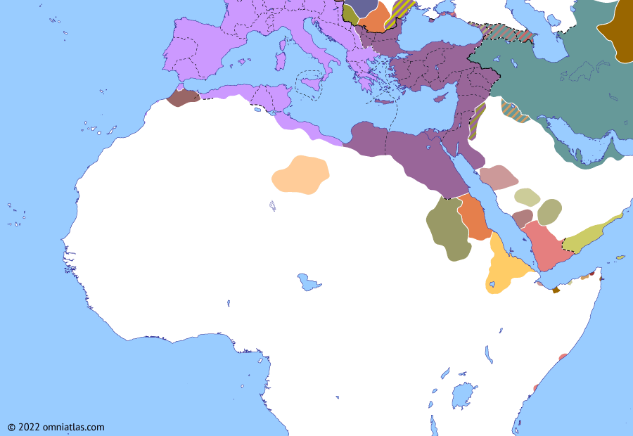 Political map of Northern Africa on 21 Jul 285 (NO MAPS FOR THIS PERIOD YET: Rise of Diocletian), showing the following events: Probus’ Frankish revolt; Carus’ Persian campaign; Diocletian’s revolt; Fall of Volubilis; Battle of Margum.