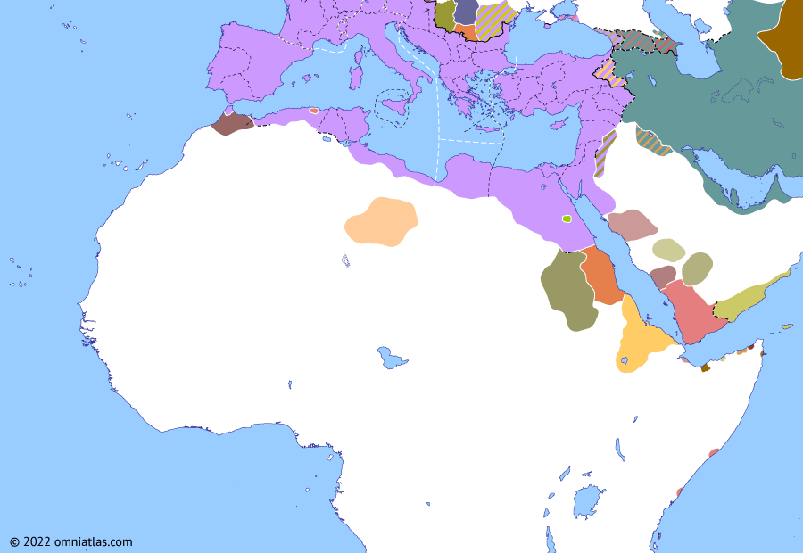 Political map of Northern Africa on 21 Jan 294 (NO MAPS FOR THIS PERIOD YET: Busiris–Coptos Revolt), showing the following events: Reign of Diocletian; Co-reign of Maximian; Second Quinquegentiani War; First Tetrarchy; Busiris–Coptos revolt.