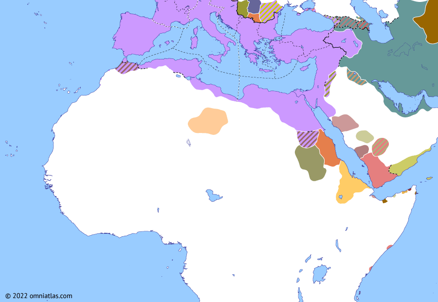 Political map of Northern Africa on 24 Sep 298 (Africa, Diocletian, and Constantine: Diocletian’s Nubian Campaign), showing the following events: Maximian’s Moorish campaigns; Roman Dioceses; Domitius Domitianus and Achilleus; Battle of Satala; Diocletian’s Nubian Campaign.
