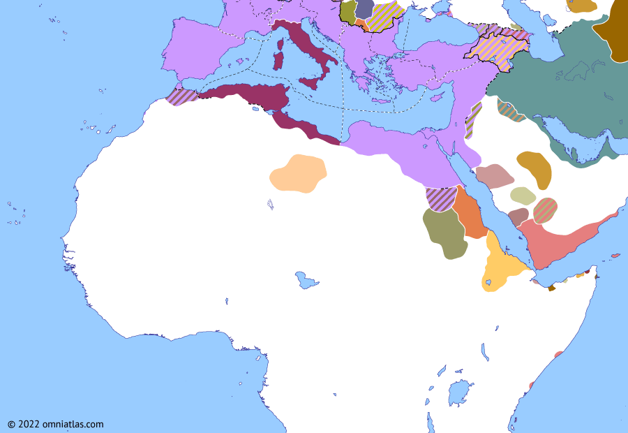 Political map of Northern Africa on 02 Nov 306 (NO MAPS FOR THIS PERIOD YET: Constantine and Maxentius), showing the following events: Peace of Nisibis; Fall of Hadramawt; Great Persecution; Second Tetrarchy; Accession of Constantine I; Third Tetrarchy; Maxentius’ Coup; Maxentian Revolt.