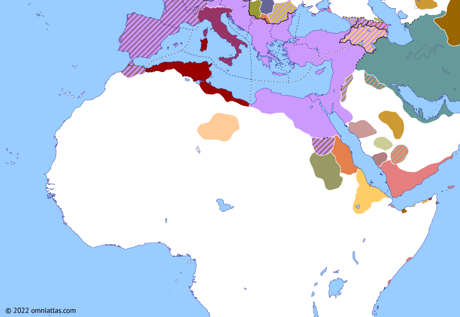 Political map of Northern Africa on ? ?? 308 (Africa, Diocletian, and Constantine: Domitius Alexander), showing the following events: Severus II vs Maxentius; Galerius vs Maxentius; Exile of Maximian; Domitius Alexander.