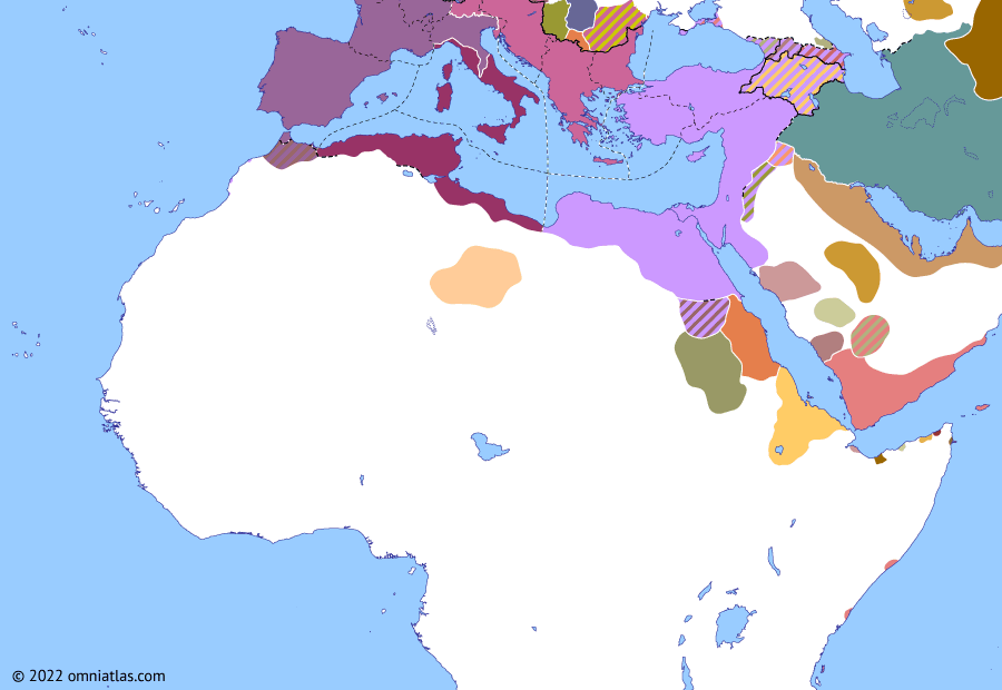 Political map of Northern Africa on 28 Oct 312 (Africa, Diocletian, and Constantine: Battle of the Milvian Bridge), showing the following events: Council of Carnuntum; Death of Hormizd II; End of Domitius Alexander; Arab incursions of Shapur II; Kingdom of All Arabs; Fifth Tetrarchy; Battle of the Milvian Bridge.