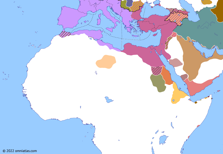 Political map of Northern Africa on 10 Mar 320 (Africa, Diocletian, and Constantine: Constantine and Licinius), showing the following events: Battle of Tzirallum; All Arab expansion south; Battle of Cibalae; Donatist Controversy; Battle of Mardia; Peace of Serdica.