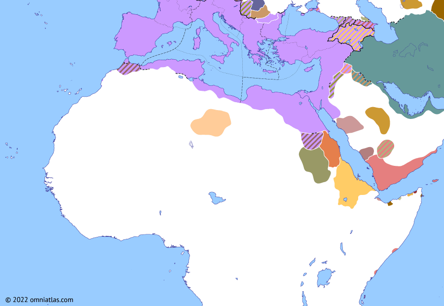 Political map of Northern Africa on 27 Oct 330 (Africa, Diocletian, and Constantine: Ezana the Great), showing the following events: Battle of Chrysopolis; Foundation of Constantinople; Shapur II’s Arab Wars; First Council of Nicaea; Saint Ezana.