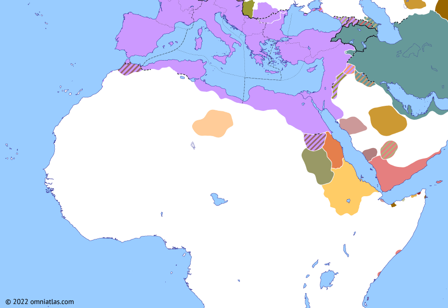 Political map of Northern Africa on 09 Sep 337 (NO MAPS FOR THIS PERIOD YET: Sons of Constantine), showing the following events: Overthrow of Khosrov the Small; Death of Constantine the Great; Sons of Constantine.