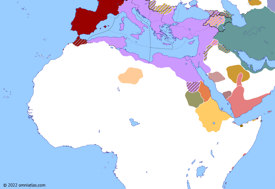 Political map of Northern Africa on 02 Feb 350 (Africa and the Roman Dominate: Sack of Meroë), showing the following events: Restoration of Khosrov the Small; Battle of Aquileia; First Himyarite Central Arabian campaign; Second Himyarite Central Arabian campaign; Third Himyarite Central Arabian campaign; Last Kushanshah; Magnentian Revolt; Death of Constans; Sack of Meroë.