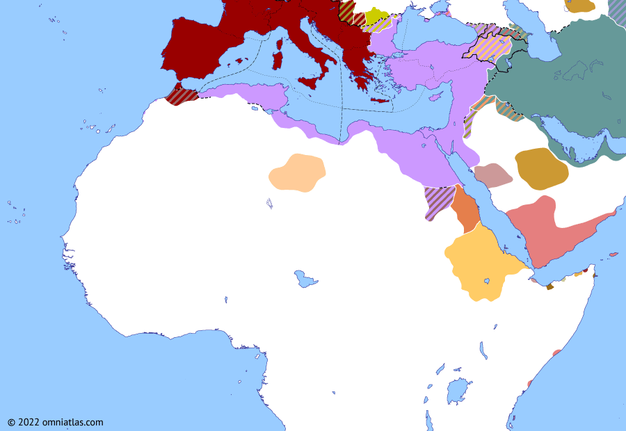 Political map of Northern Africa on 03 Nov 361 (Africa and the Roman Dominate: Julian vs Constantius II), showing the following events: Ballana Culture; Battle of Mons Seleucus; Julian Caesar; Fourth Himyarite Central Arabian campaign; Usurpation of Julian; Austoriani; Death of Constantius II.