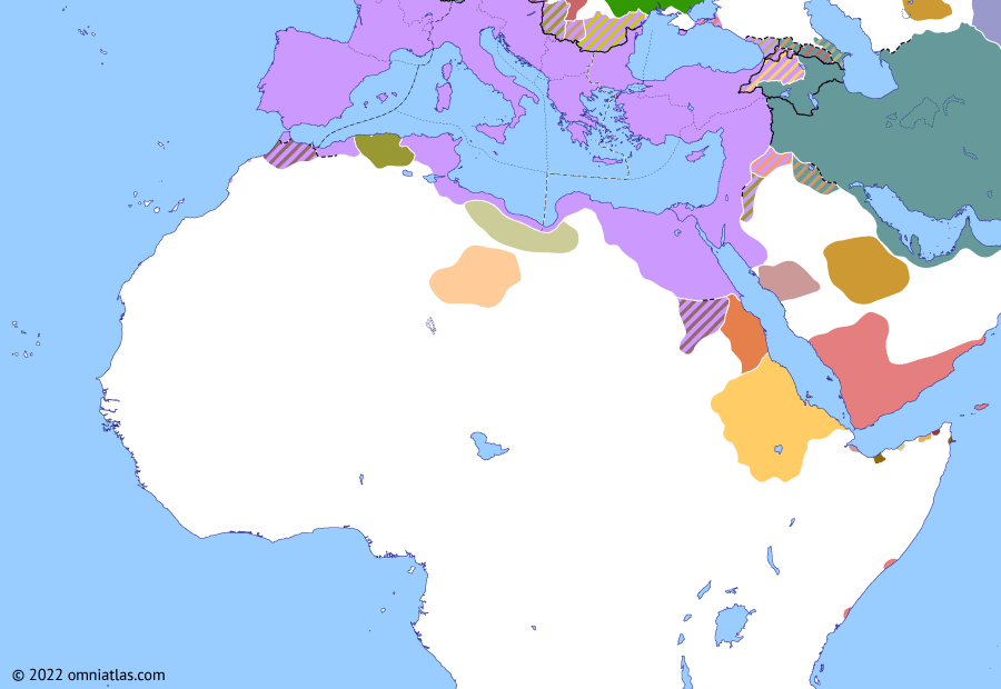 Political map of Northern Africa on 16 Jan 373 (Africa and the Roman Dominate: Firmus of Mauretania), showing the following events: Third Austoriani Raid; Count Arintheus’ expedition; Firmus of Mauretania.
