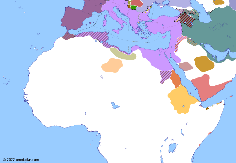 Political map of Northern Africa on 04 Sep 385 (Africa and the Roman Dominate: Magnus Maximus and Africa), showing the following events: Manuel Mamikonian’s Revolt; Judaism in Himyar; First Council of Constantinople; Roman–Gothic Peace; Revolt of Magnus Maximus; Battle of Paris; Second Tanukhid Revolt; Death of Gratian; Cession of Manuel Mamikonian; Gildo and Magnus Maximus.