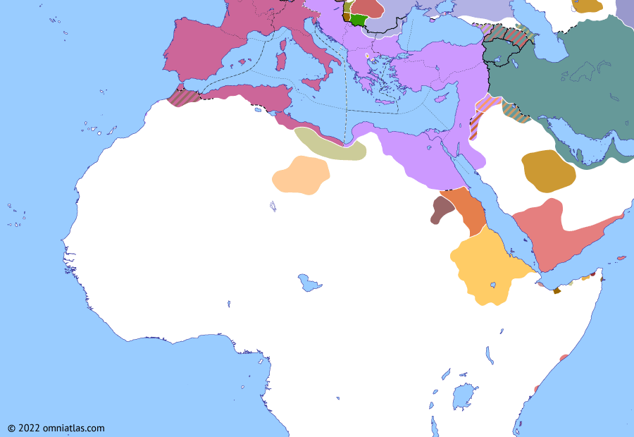 Political map of Northern Africa on 17 Jan 395 (NO MAPS FOR THIS PERIOD YET: Division of the Roman Empire), showing the following events: Peace of Acilisene; Battle of the Save; Death of Magnus Maximus; Elevation of Eugenius; Kalabsha War; Gildo and Eugenius; Battle of the Frigidus; Division of the Roman Empire.