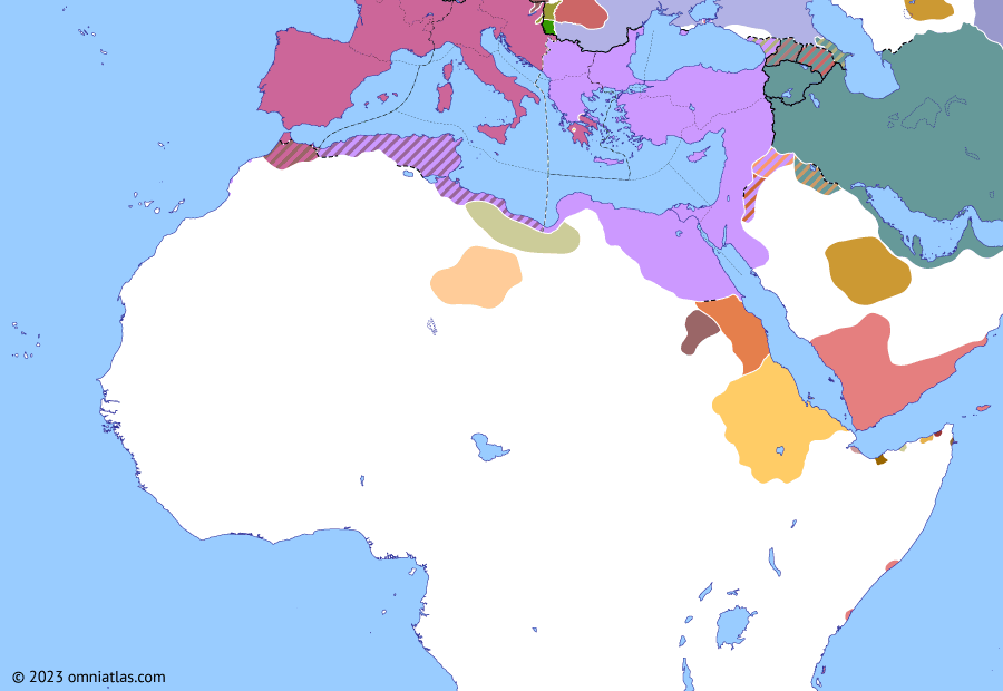 Political map of Northern Africa on 28 Aug 397 (Africa and Rome Divided: Gildonic Revolt), showing the following events: Alaric’s rebellion; Stilicho’s first Gothic campaign; Western Illyricum; Stilicho’s second Gothic campaign; Stilicho *hostis publicus*; Gildonic Revolt.