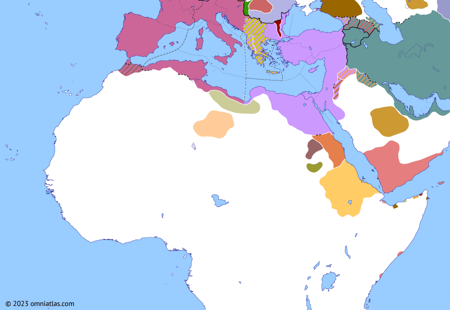 Political map of Northern Africa on 16 Dec 400 (Africa and Rome Divided: Emergence of Makuria), showing the following events: Alaric *magister militum*; Gildonic War; Emergence of Makuria.