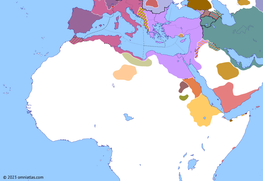 Political map of Northern Africa on 06 Aug 407 (Africa and Rome Divided: Constantine III), showing the following events: Alaric’s invasion of Italy; Battle of Verona; Stilicho’s treaty with Alaric; Radagaisus; Battle of Faesulae; Crossing of the Rhine; Constantine III; Hispaniae declares for Constantine III.