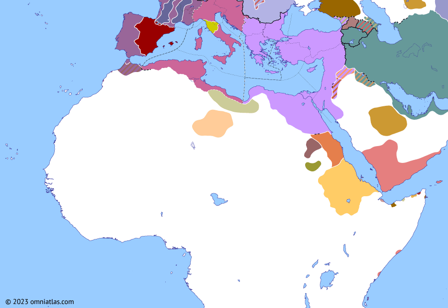 Political map of Northern Africa on 28 Sep 409 (Africa and Rome Divided: Vandalic invasion of Spain), showing the following events: Revolt of the Barbarians; Franco-Burgundian expansion; Vandalic invasion of Spain.