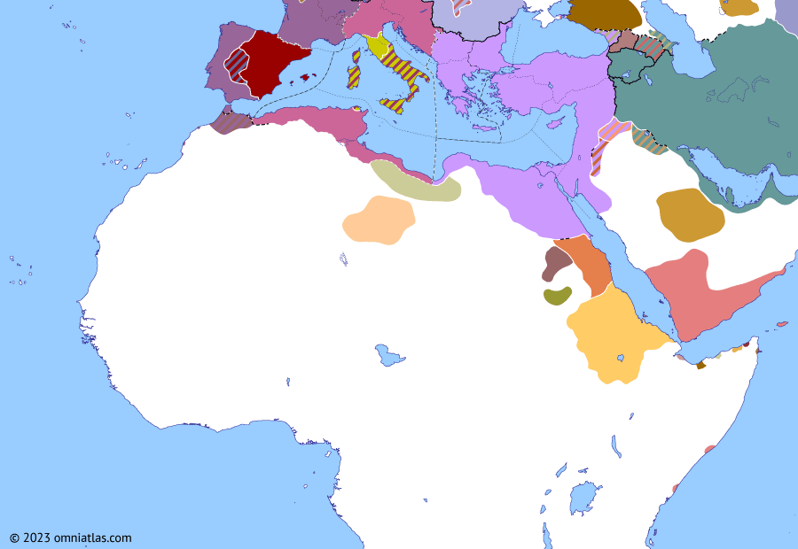Political map of Northern Africa on 06 May 410 (Africa and Rome Divided: Attalus’ African campaign), showing the following events: Alaric’s Second Siege of Rome; First Usurpation of Attalus; Attalus’ African campaign; Siege of Ravenna.