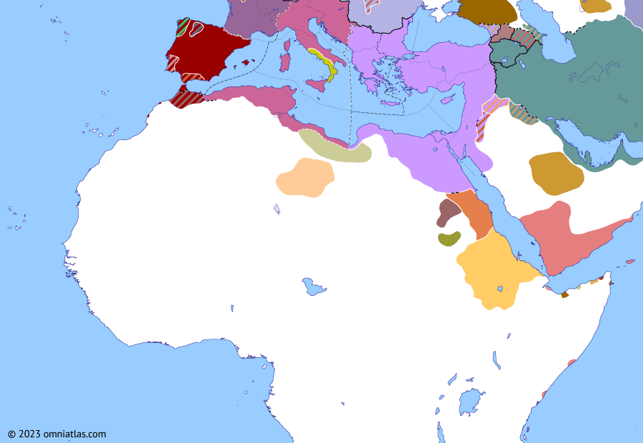 Political map of Northern Africa on 14 Dec 410 (Africa and Rome Divided: Death of Alaric), showing the following events: Constans II vs Gerontius; Deposition of Attalus; Alaric’s Sack of Rome; Death of Alaric.