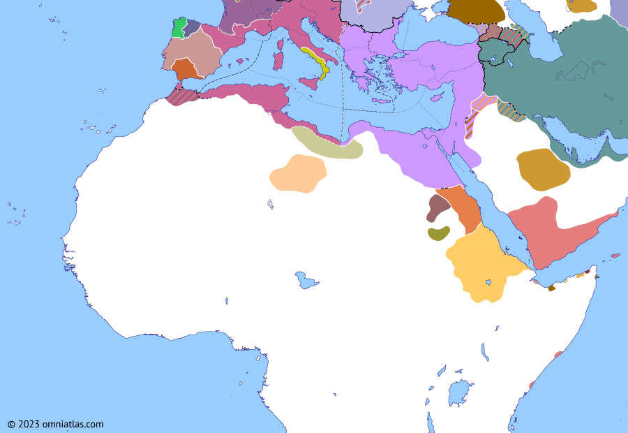 Political map of Northern Africa on 09 Jun 411 (Africa and Rome Divided: Barbarian partition of Spain), showing the following events: Battle of Arles; Siege of Arles; Death of Gerontius; Barbarian partition of Spain.