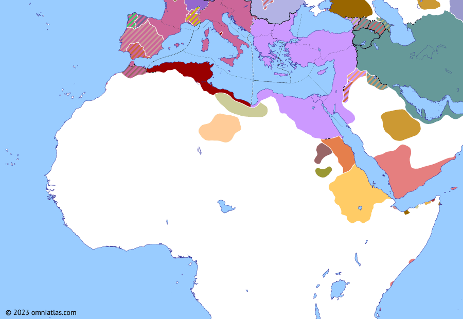 Political map of Northern Africa on 20 Apr 413 (Africa and Rome Divided: Revolt of Heraclian), showing the following events: Athaulf’s march to Gaul; Revolt of Jovinus; Treaty of Hispaniae; Revolt of Heraclian; Siege of Valence; Battle of Utriculum.