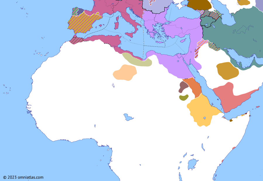 Political map of Northern Africa on 22 Sep 418 (Africa and Rome Divided: Wallia’s Spanish War), showing the following events: Athaulf’s withdrawal to Spain; Murder of Hypatia; Death of Athaulf; Wallia–Euplutius Treaty; Wallia’s first Spanish campaign; Wallia’s second Spanish campaign; Battle of Tartessos; End of the Siling Vandals; Collapse of the Alans.