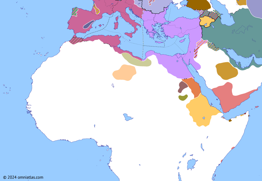 Political map of Northern Africa on 14 Aug 422 (Africa and Rome Divided: Battle of Tarraco), showing the following events: Battle of Bracara Augusta; Vandalusia; Roman–Persian War; Exile of Bonifatius; Battle of Tarraco.