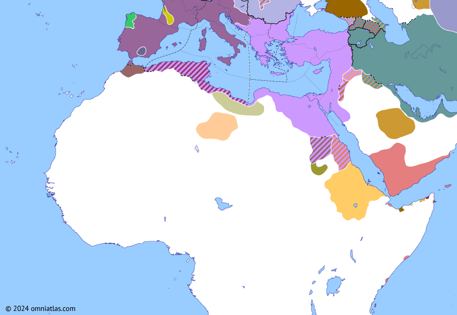 Political map of Northern Africa on 18 Apr 424 (Africa and Rome Divided: Joannes and Africa), showing the following events: Roman treaty with the Blemmyes; Death of Honorius; Usurpation of Joannes; Joannes’ African campaign.
