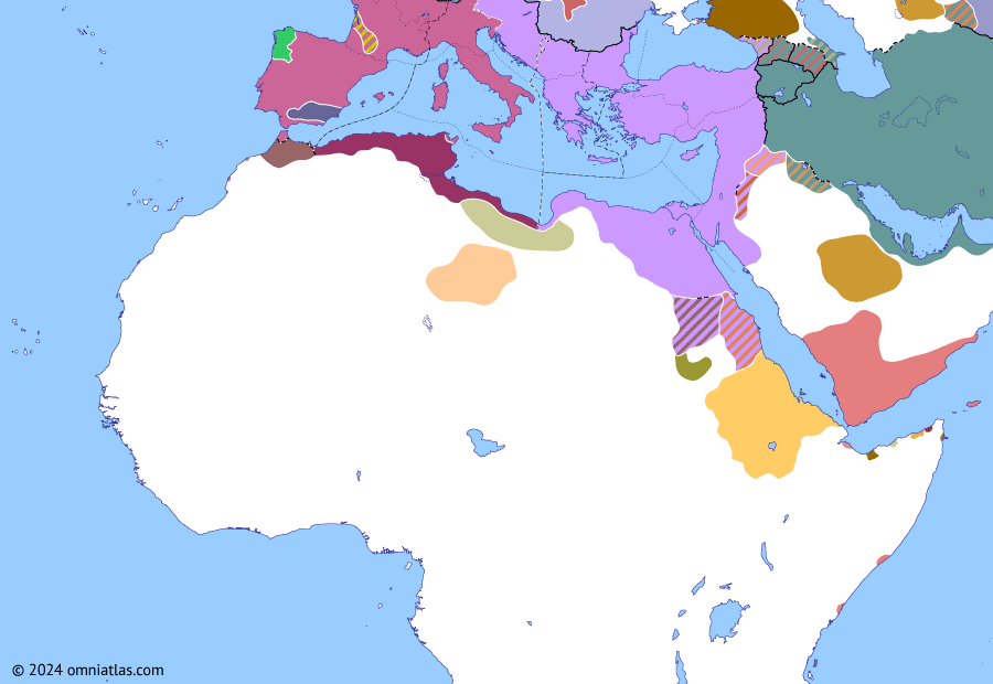 Political map of Northern Africa on 03 Aug 427 (Africa and Rome Divided: Revolt of Bonifatius), showing the following events: Capture of Joannes; Arrival of Aetius; Vandal seizure of the Spanish fleet; Insubordination of Bonifatius; Fall of the Fossatum Africae; Mavortius, Gallio, and Sanoeces.