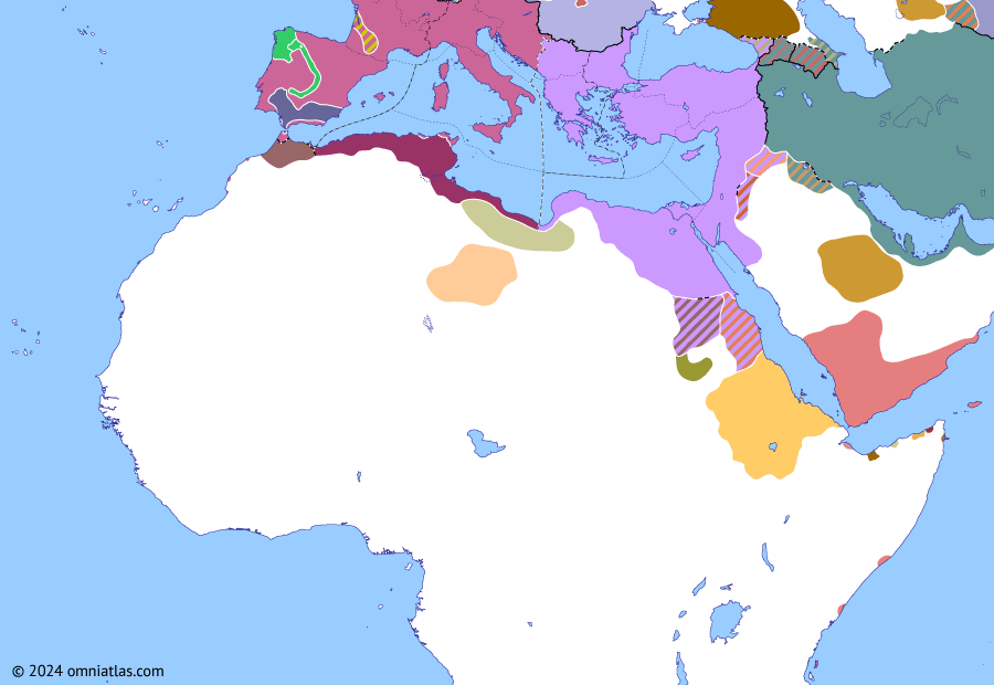 Political map of Northern Africa on 13 May 429 (Africa and Rome Divided: Vandal crossing to North Africa), showing the following events: Sigisvult vs Bonifatius; Vandal capture of Hispalis; End of Arsacid Armenia; Battle of Mérida; Vandal crossing to Africa.