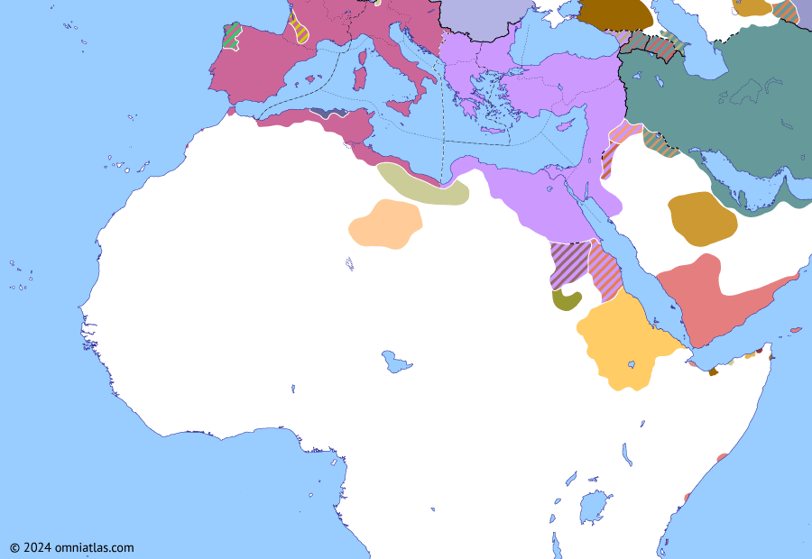 Political map of Northern Africa on 28 Aug 430 (Africa and Rome Divided: Siege of Hippo Regius), showing the following events: Vandal invasion of Diocese of Africa; First Battle of Hippo Regius; Siege of Hippo Regius.
