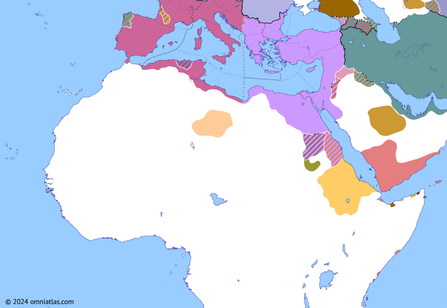 Political map of Northern Africa on 11 Feb 435 (Africa and Rome Divided: Treaty of Hippo Regius), showing the following events: Recall of Bonifatius; Battle of Rimini; Aetius vs Sebastianus; Rugila’s Danubian crisis; Treaty of Hippo Regius.