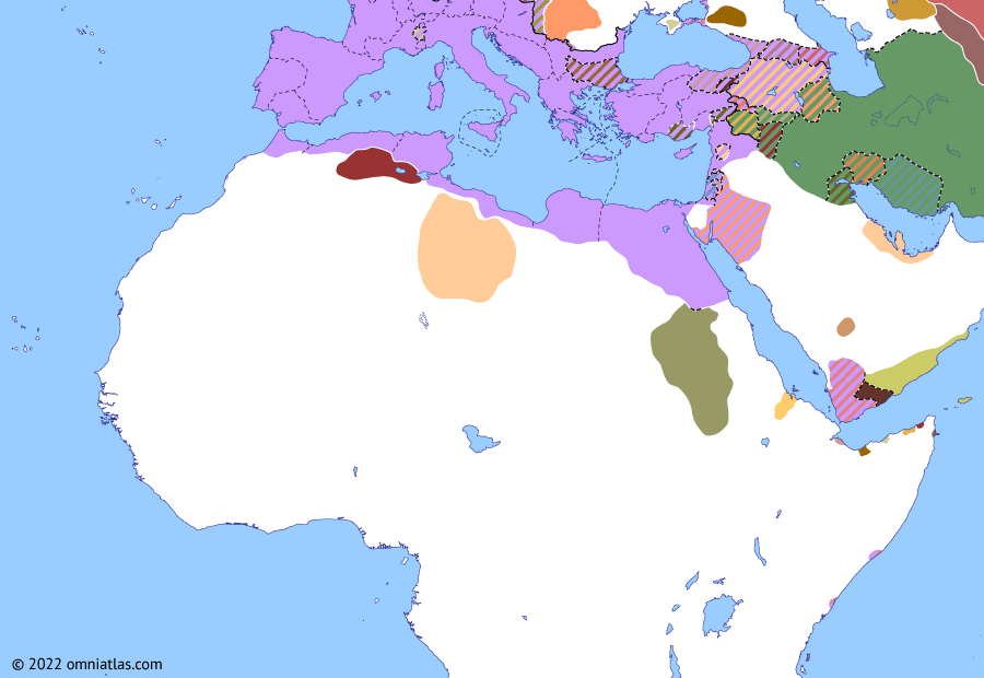 Political map of Northern Africa on 28 Jan 44 AD (Africa and the Roman Principate: Roman Mauretania), showing the following events: Seizure of Mauretania; Suetonius Paulinus expedition; Roman Mauretania.
