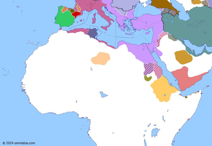 Political map of Northern Africa on 16 Jul 442 (Africa and Rome Divided: Treaty of Carthage), showing the following events: Siege of Panormus; Suebian Spain; Areobindus’ Sicilian Expedition; Conquest of Maskut; Siege of Naissus; Treaty of Carthage.