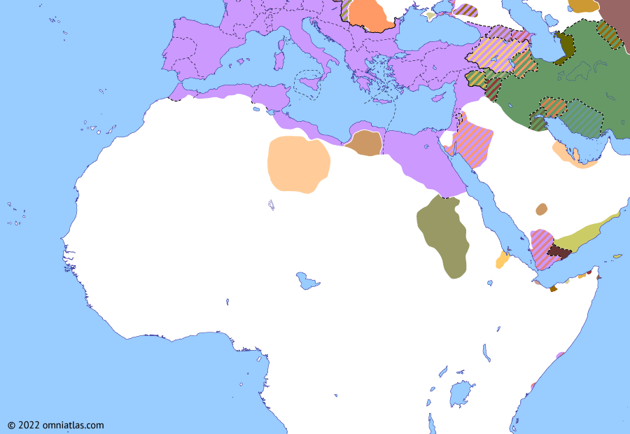 Political map of Northern Africa on 09 Mar 85 AD (Africa and the Roman Principate: Revolt of the Nasamones), showing the following events: Valerius Festus expedition; Limes Tripolitanus; Revolt of the Nasamones.