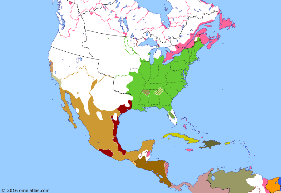 Political map of North America & the Caribbean on 12 Oct 1832 (Successors of New Spain: Trail of Tears), showing the following events: Choctaw removal; Nat Turner’s Rebellion; Dissolution of Gran Colombia; Baptist War; Santa Anna’s Insurrection; Two Governors of California; Creek removal; Black Hawk War; Treaty of Payne’s Landing; Texas Revolution of 1832.