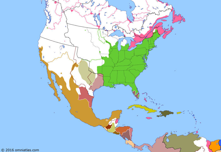Political map of North America & the Caribbean on 26 Jan 1840 (Successors of New Spain: Centralist Mexico), showing the following events: Costa Rican Independence; Pastry War; British claim Bay Islands; Guatemalan Independence; Independence of Los Altos; Amistad Rebellion; Tabasco Revolution; Republic of Rio Grande declared.