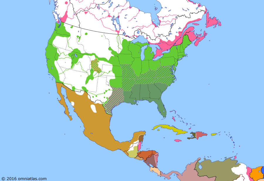 Political map of North America & the Caribbean on 08 Feb 1861 (American Civil War: Confederate States of America), showing the following events: Liberals enter Mexico City; Mississippi secedes from US; Florida secedes from US; Alabama secedes from US; Georgia secedes from US; Louisiana secedes from US; Kansas becomes US state; Texas secedes from US; Confederacy formed.