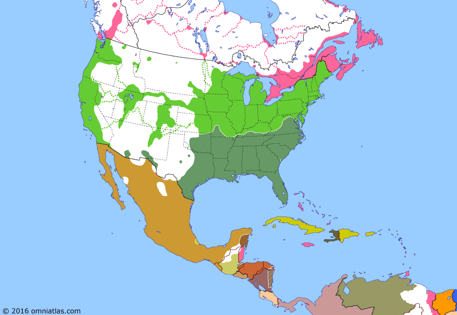 Political map of North America & the Caribbean on 17 Dec 1861 (American Civil War: Fight for Kentucky), showing the following events: First Battle of Mesilla; Confederate Territory of Arizona; Confederates invade Kentucky; Union enters Kentucky; Kentucky declares for the Union; Mosquito Reservation created; Convention of London; Union captures Port Royal; Trent Affair; Tripartite fleets reach Mexico; Spanish occupy Veracruz.