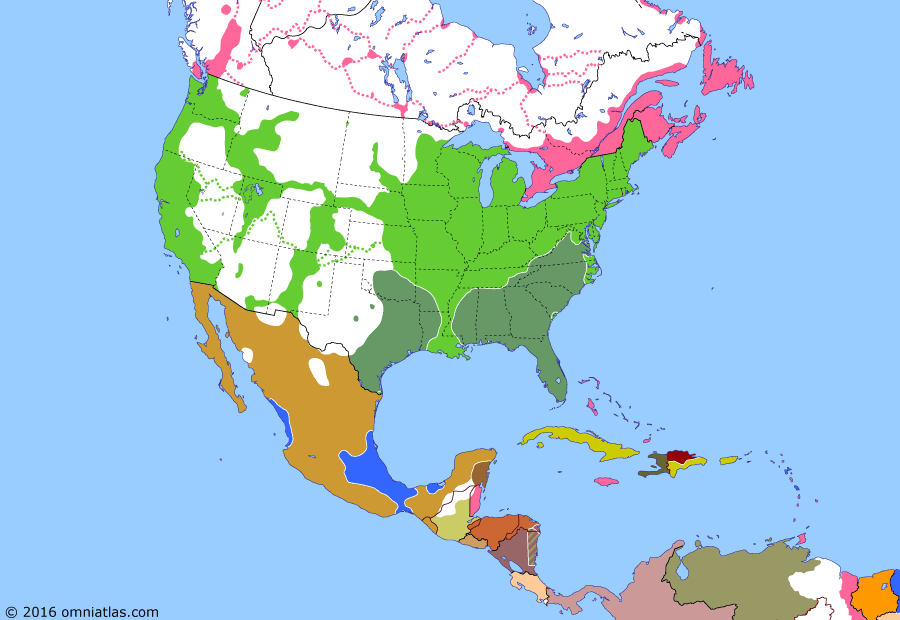 Political map of North America & the Caribbean on 20 Nov 1863 (American Civil War: Dominican Restoration War), showing the following events: Second Mexican Empire; New York draft riots; Long Walk of the Navajo; Santo Domingo revolts; Chattanooga Campaign; Gettysburg Address.